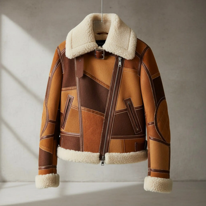 Womens Brown Patchwork Suede Leather Shearling Jacket – Full Sherpa Lined Luxe Coat, Winter Outerwear for Sale Bakshi Artisanal