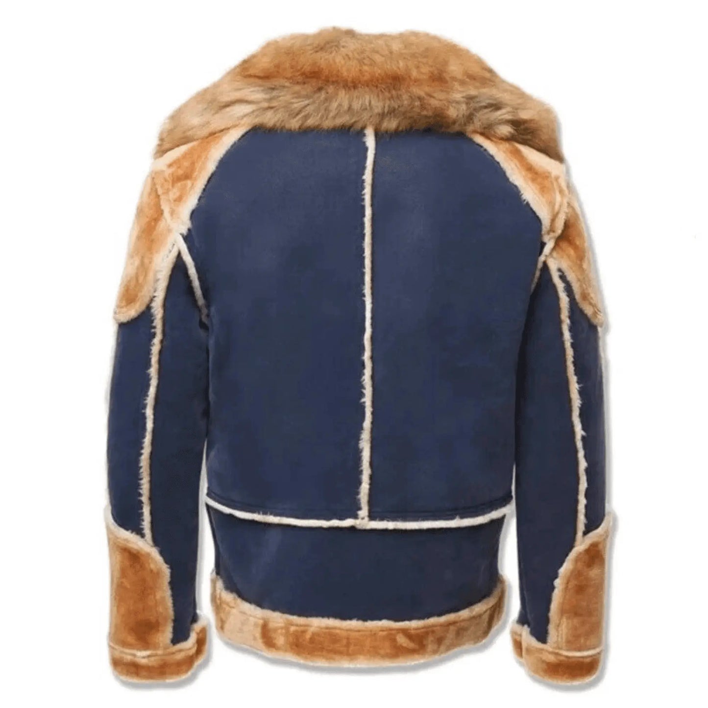 Men’s Brown & Navy Blue Shearling Moto Jacket – Retro Tan Fur-Lined Sheepskin Coat, Genuine Leather My Store