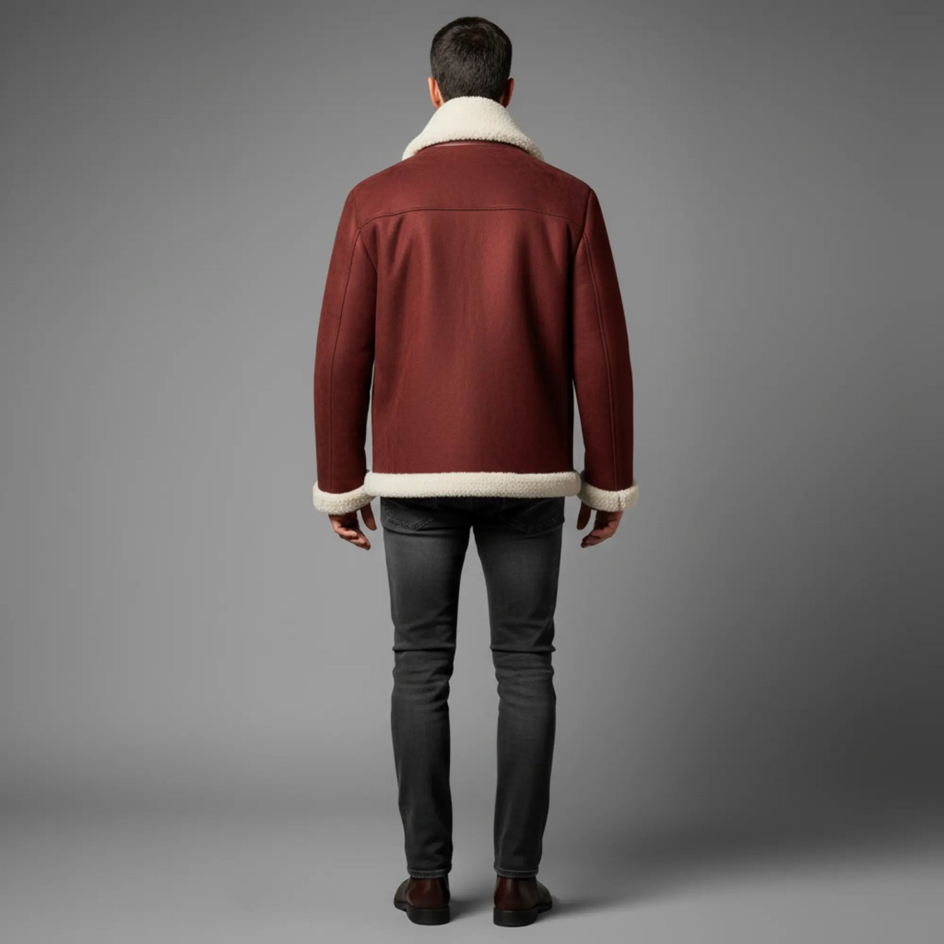 Mens Maroon Suede Shearling Jacket – Faux Fur Lined Winter Coat, Santa-Inspired Style, Free Shipping Worldwide Bakshi Artisanal