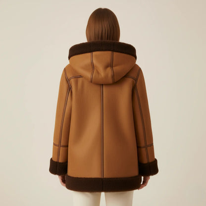 Womens Brown Suede Shearling Toggle Coat – Full Faux Fur Lined Hooded Jacket, Cozy Winter Outerwear - Perfect Gift for Her in this Winter Bakshi Artisanal