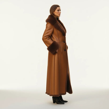 Womens Camel Brown Long Shearling Coat – Dark Brown Faux Fur Lining, Luxury Leather Trench, Warm Winter Outerwear Bakshi Artisanal