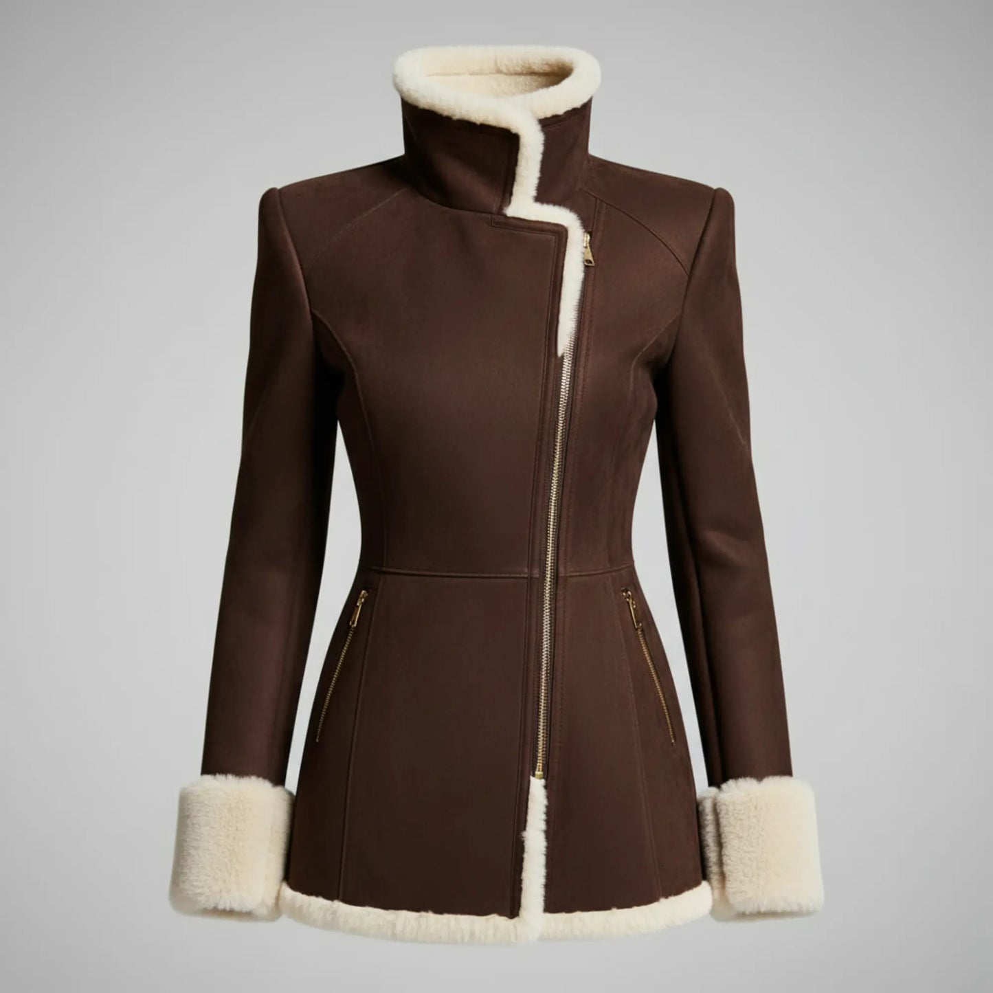 Luxury Shearling Brown Suede Coat with Faux Fur Lining & Gold Zipper Pockets – Elegant Asymmetric Winter Jacket Bakshi Artisanal