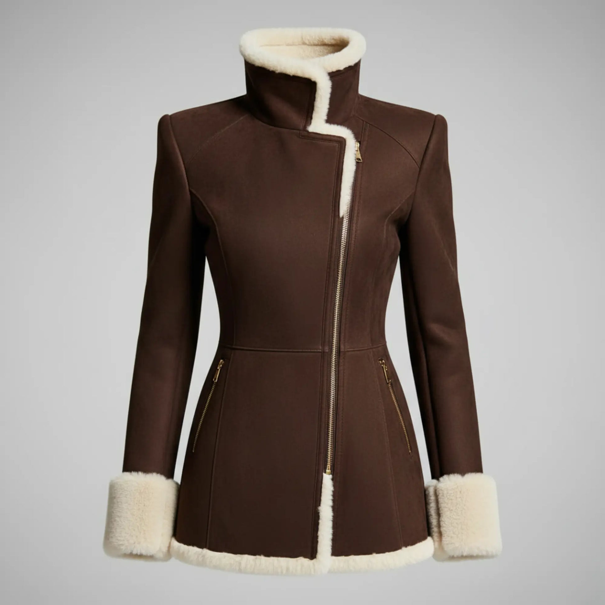 Luxury Shearling Brown Suede Coat with Faux Fur Lining & Gold Zipper Pockets – Elegant Asymmetric Winter Jacket Bakshi Artisanal