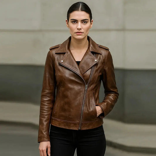 Womens Brown genuine lambskin Leather Moto Jacket – Soft Lambskin Biker Style | Premium Fit | Genuine Leather Outerwear for Her My Store