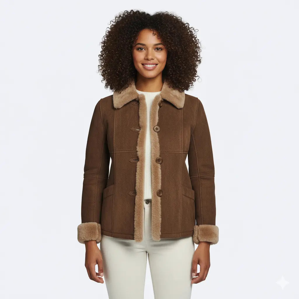Brown Suede Shearling Jacket for Women – Faux Fur Lined Collar & Cuffs, Warm Leather Coat, Winter Bomber Style My Store