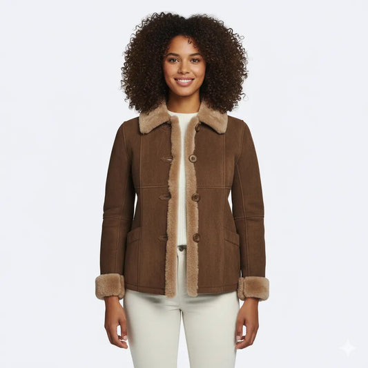 Brown Suede Shearling Jacket for Women – Faux Fur Lined Collar & Cuffs, Warm Leather Coat, Winter Bomber Style My Store
