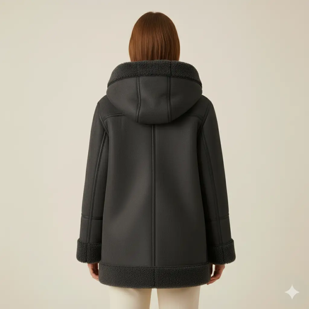 Womens Brown Suede Shearling Toggle Coat – Full Faux Fur Lined Hooded Jacket, Cozy Winter Outerwear Bakshi Artisanal