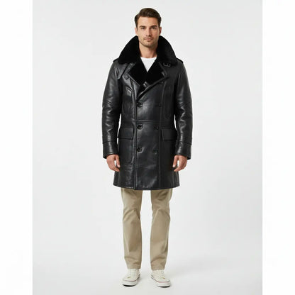 Men’s RAF Long Shearling Bomber Overcoat -Black Real Sheepskin Fur Lined Leather Men's Jacket Bakshi Artisanal