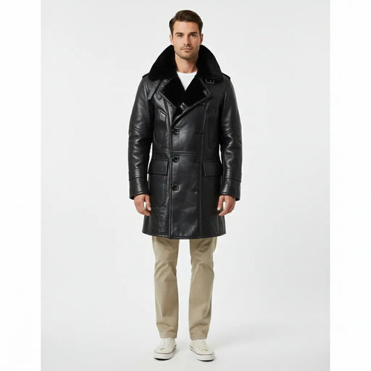 Men’s RAF Long Shearling Bomber Overcoat -Black Real Sheepskin Fur Lined Leather Men's Jacket Bakshi Artisanal
