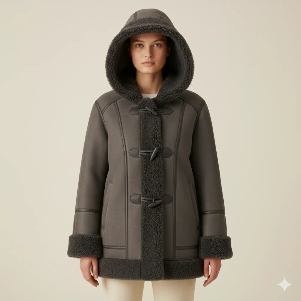 Womens Brown Suede Shearling Toggle Coat – Full Faux Fur Lined Hooded Jacket, Cozy Winter Outerwear Bakshi Artisanal