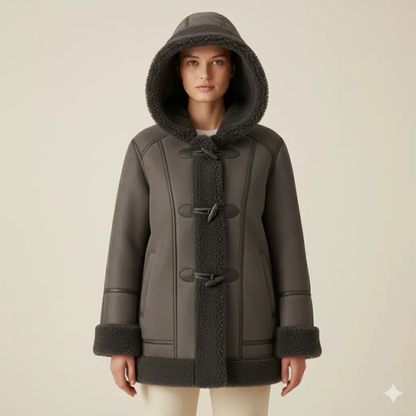 Womens Brown Suede Shearling Toggle Coat – Full Faux Fur Lined Hooded Jacket, Cozy Winter Outerwear Bakshi Artisanal