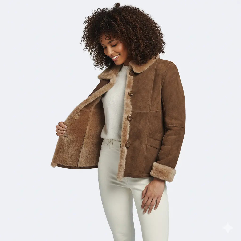Brown Suede Shearling Jacket for Women – Faux Fur Lined Collar & Cuffs, Warm Leather Coat, Winter Bomber Style My Store