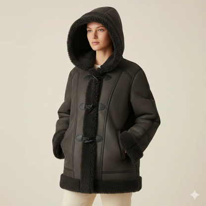 Womens Brown Suede Shearling Toggle Coat – Full Faux Fur Lined Hooded Jacket, Cozy Winter Outerwear Bakshi Artisanal