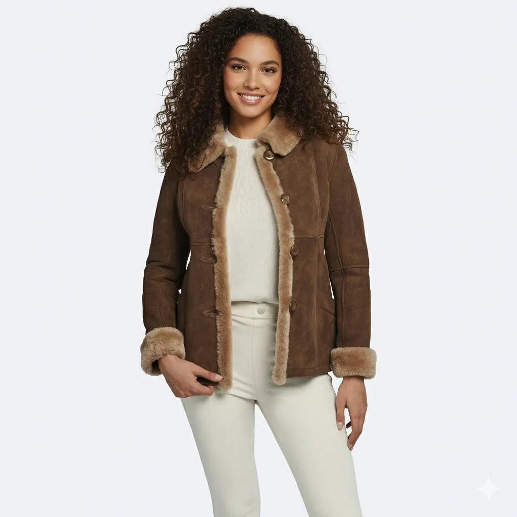 Brown Suede Shearling Jacket for Women – Faux Fur Lined Collar & Cuffs, Warm Leather Coat, Winter Bomber Style My Store