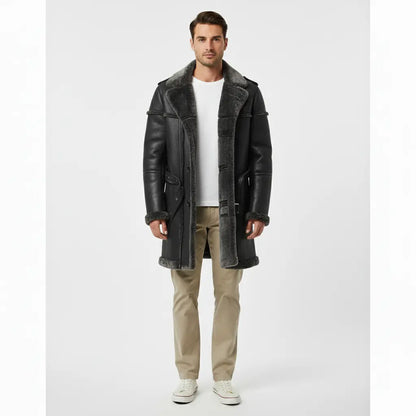 Men’s Bomber Shearling Jacket – Genuine Sheepskin Long Coat, Retro Aviator / Pilot Style My Store