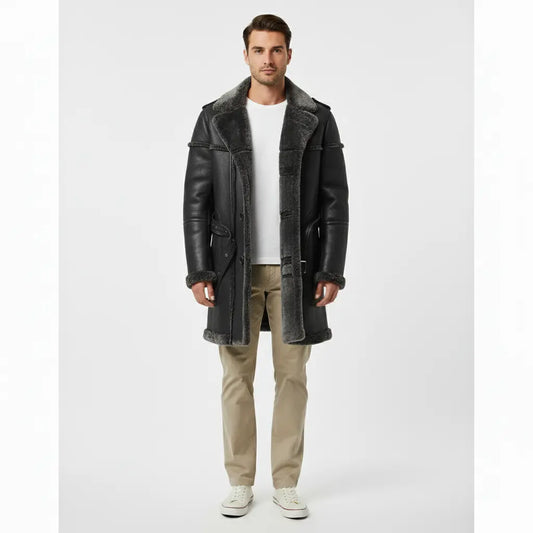 Men’s Bomber Shearling Jacket – Genuine Sheepskin Long Coat, Retro Aviator / Pilot Style My Store