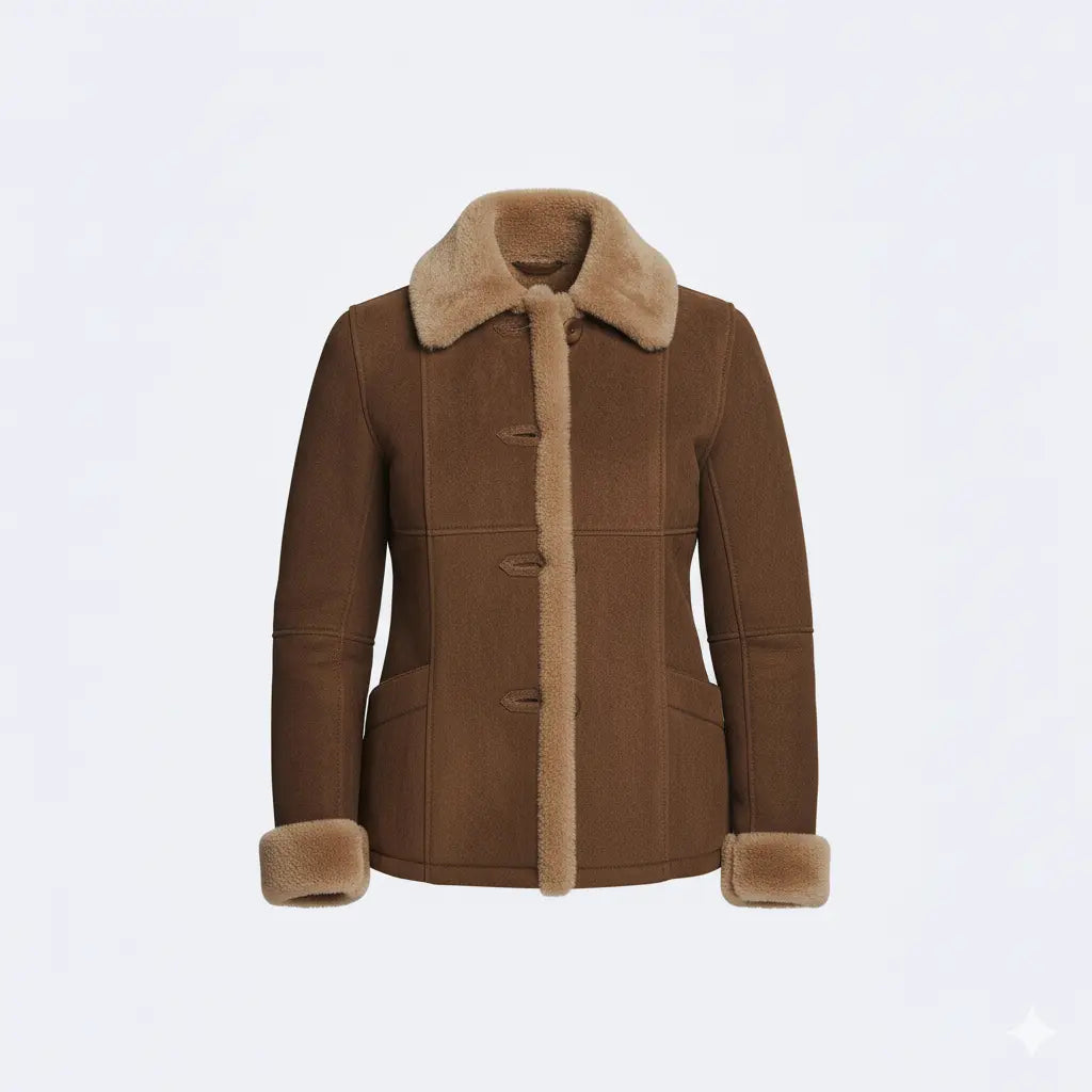 Brown Suede Shearling Jacket for Women – Faux Fur Lined Collar & Cuffs, Warm Leather Coat, Winter Bomber Style My Store