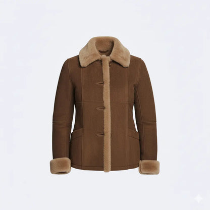 Brown Suede Shearling Jacket for Women – Faux Fur Lined Collar & Cuffs, Warm Leather Coat, Winter Bomber Style My Store