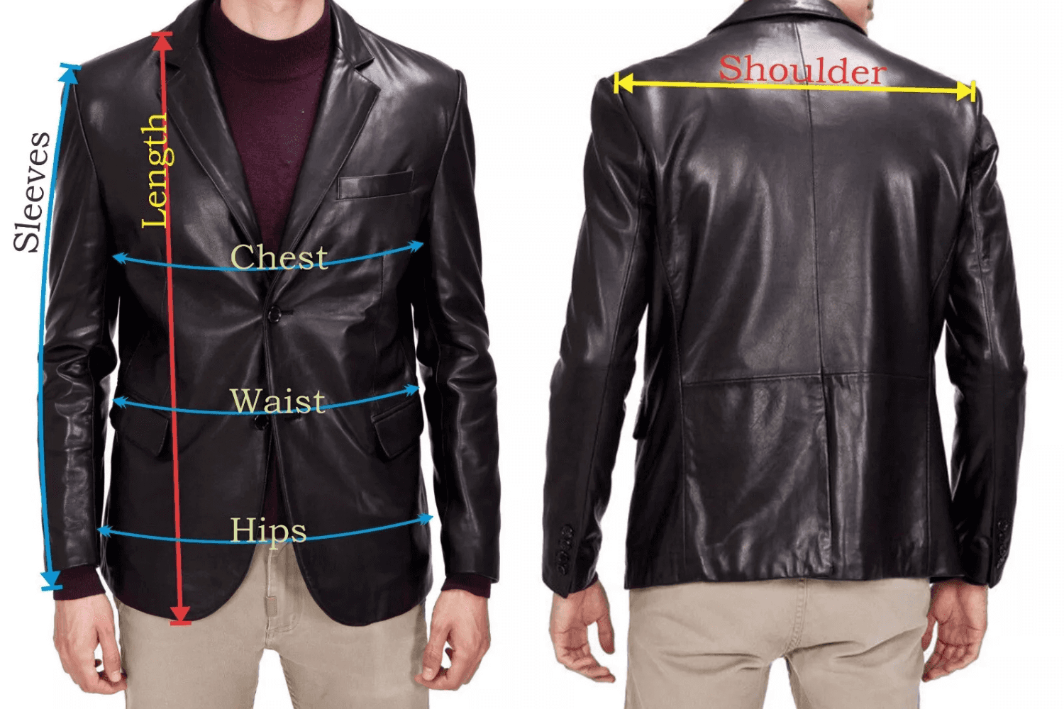Measurement guide for Buy Black 3 Button Leather Blazer showing how to measure chest, waist, hips, sleeves, and shoulder for accurate men’s fit.