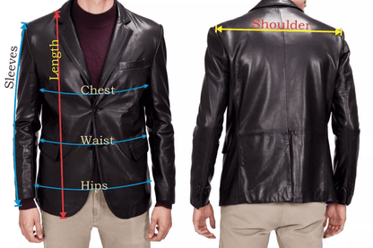 Measurement guide for Buy Black 3 Button Leather Blazer showing how to measure chest, waist, hips, sleeves, and shoulder for accurate men’s fit.