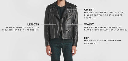 Sizing guide for men's leather jackets showing how to measure chest, waist, hip, and length for accurate fit in outerwear and trench coats.