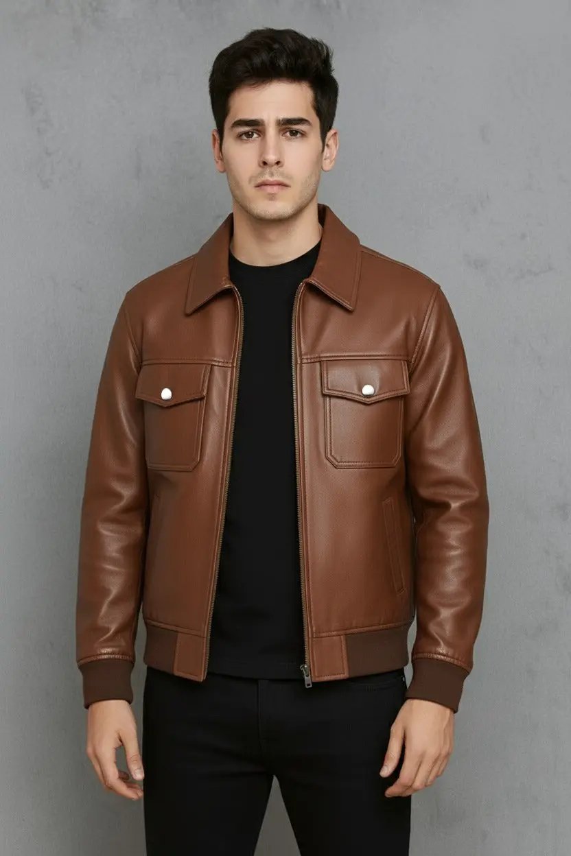 Men’s Genuine Leather Shearling Bomber Coat (2-Color: Brown &amp; Black) — Warm Winter Jacket with Polyester Lining Bakshi Artisanal