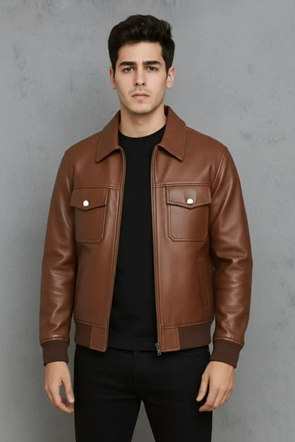 Men’s Genuine Leather Shearling Bomber Coat (2-Color: Brown &amp; Black) — Warm Winter Jacket with Polyester Lining Bakshi Artisanal
