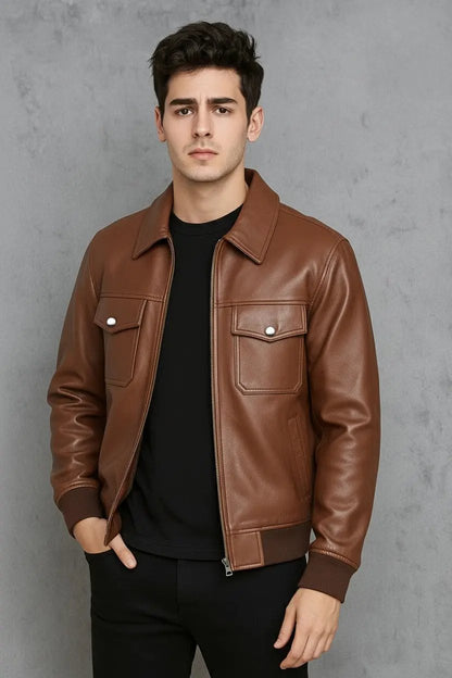 Men’s Genuine Leather Shearling Bomber Coat (2-Color: Brown &amp; Black) — Warm Winter Jacket with Polyester Lining Bakshi Artisanal
