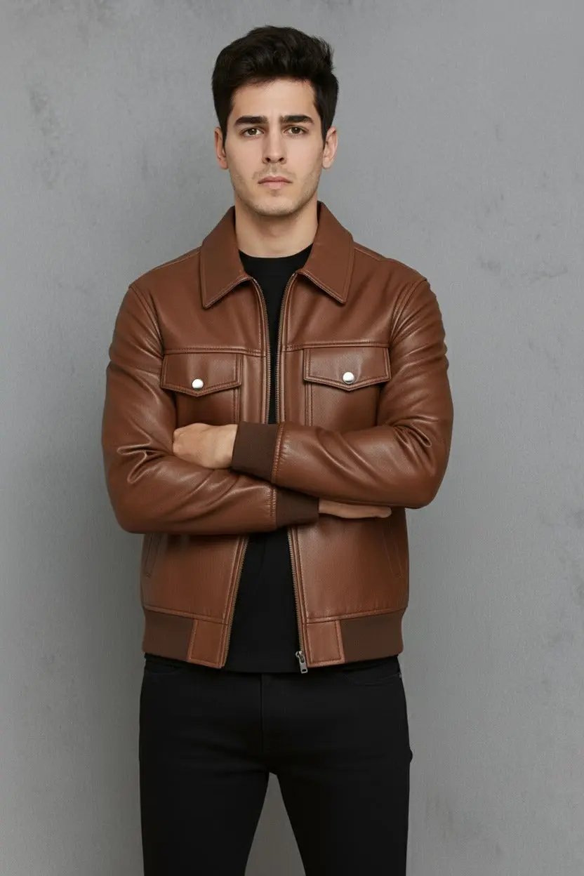 Men’s Genuine Leather Shearling Bomber Coat (2-Color: Brown &amp; Black) — Warm Winter Jacket with Polyester Lining Bakshi Artisanal