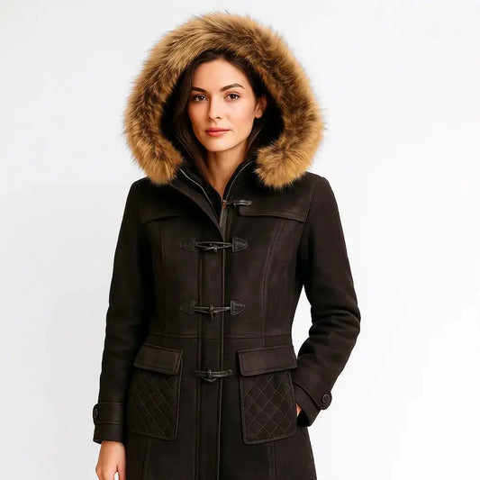 Luxury Warm Long Hooded Shearling Duffle Coat for Women – Genuine Brown Sheepskin My Store