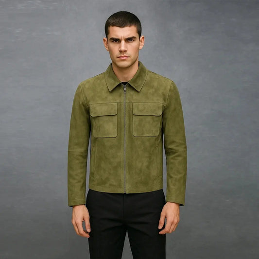 Mens Green Leather Trucker Pure Suede Jacket My Store