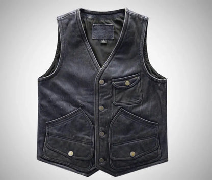 My Store black distressed Leather Vest with V neck snap button front and multiple flap pockets