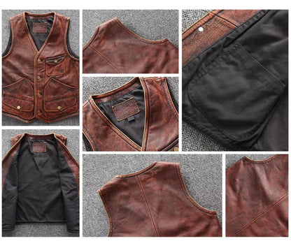 My Store brown distressed Leather Vest with snap buttons front pockets and black lining