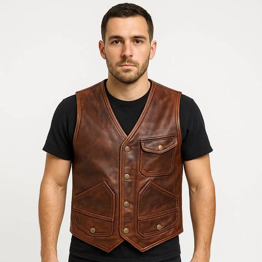 My Store brown Leather Vest mens button front distressed leather vest with patch pockets