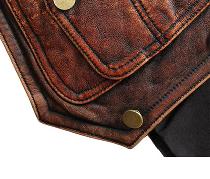 My Store Leather Vest close up of distressed brown leather pocket flap with brass snap buttons and visible stitching