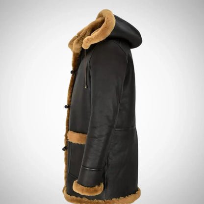 Men's Duffle Brown Fur Hooded Natural Shearling Coat My Store