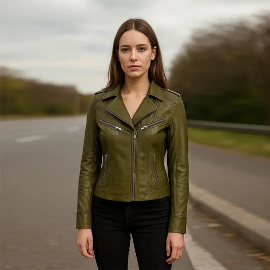 Ladies Leather Jacket | Olive Fashion Biker Style My Store