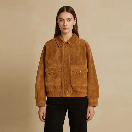 Sheep Skin Suede Leather Bomber Jacket with Pockets Camel XS - 3XL, Gift for Her, Women Fashion My Store