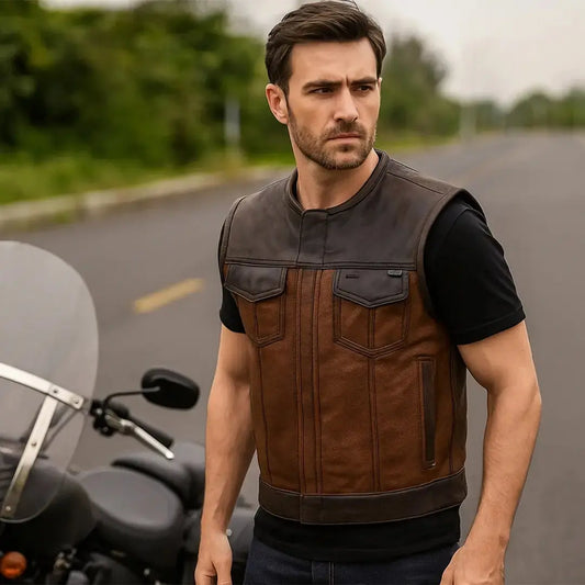 Black and Brown Leather Biker Vest Motorcycle Men Waistcoat Distress Brown Vest Rider Vest My Store