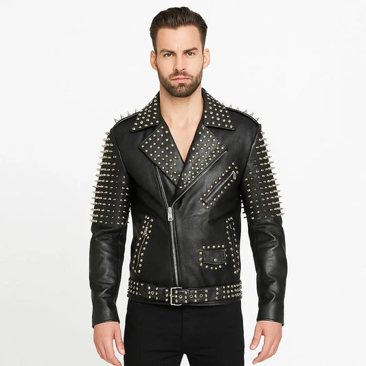 Custom Studded Leather Biker Jacket – Handmade Punk Moto Spike Jacket – Men Rock Motorcycle Coat My Store