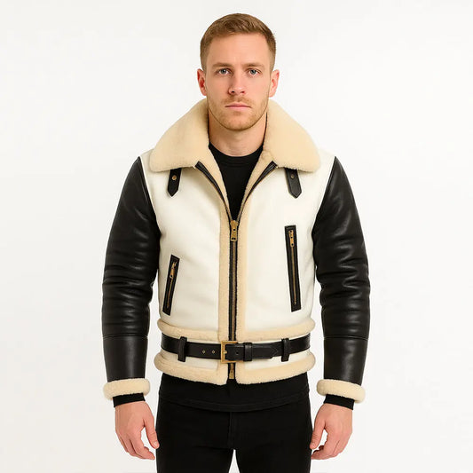 My Store mens Leather Aviator jacket cream shearling with black leather sleeves belted waist on male model