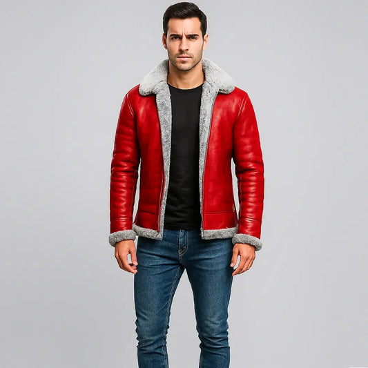 Handmade Red A2 Exquisite Shearling Coat - Santa Claus Christmas Fashion Leather Bomber Jacket My Store