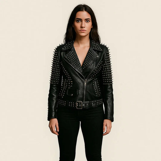 Custom Studded Leather Biker Jacket – Handmade Punk Moto Spike Jacket – Women Rock Motorcycle Coat My Store
