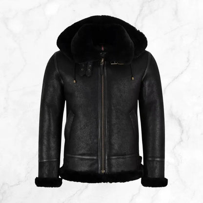 Men's RAF B3 Aviator SheepSkin Hooded Black Leather Jacket My Store