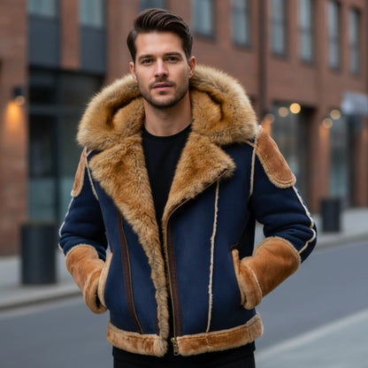 Men’s Brown & Navy Blue Shearling Moto Jacket – Retro Tan Fur-Lined Sheepskin Coat, Genuine Leather My Store