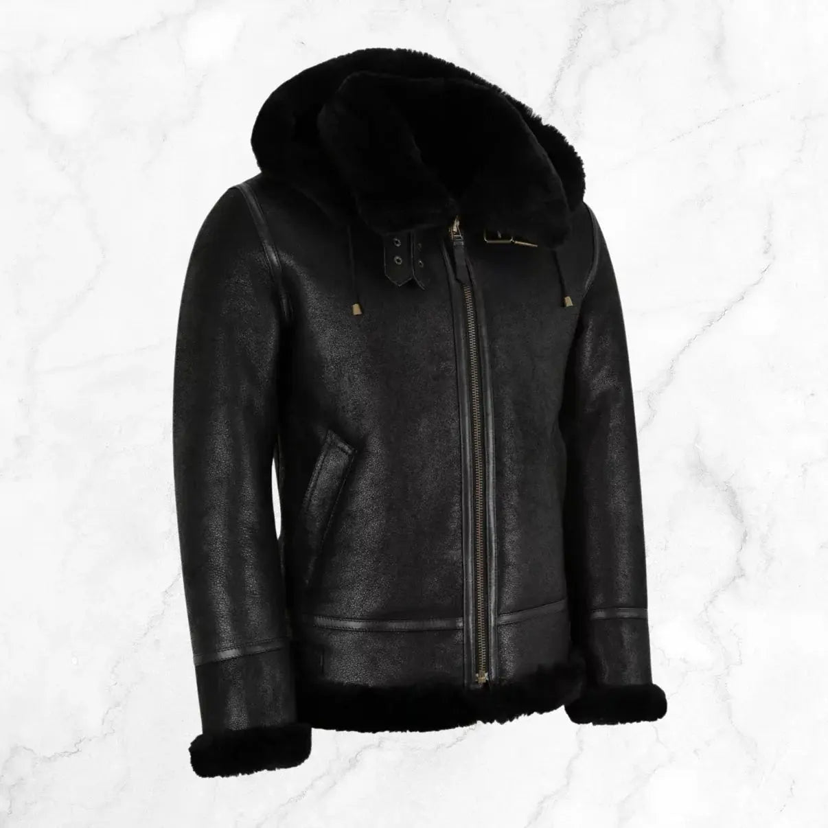 Men's RAF B3 Aviator SheepSkin Hooded Black Leather Jacket My Store