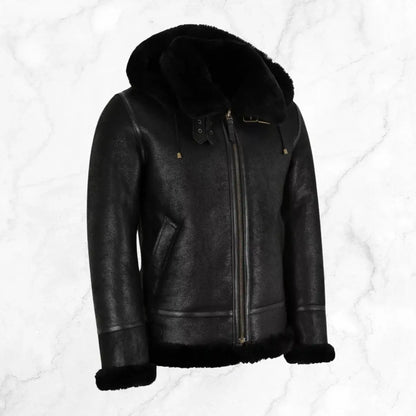 Men's RAF B3 Aviator SheepSkin Hooded Black Leather Jacket My Store