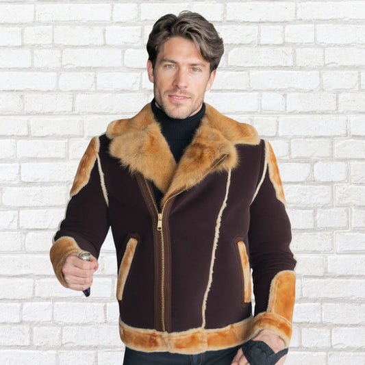 Men’s Brown & Navy Blue Shearling Moto Jacket – Retro Tan Fur-Lined Sheepskin Coat, Genuine Leather My Store