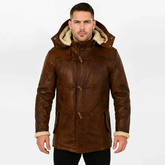 Men’s Brown Hooded Sheepskin Duffle Coat – Genuine Leather, Fur-Lined Trench, Detachable Hood My Store