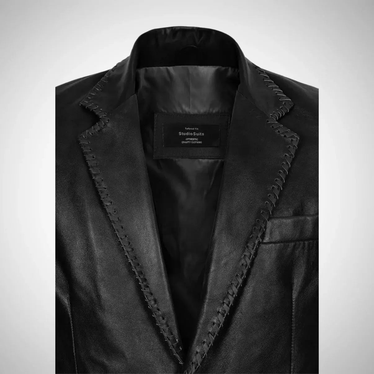 Black blazer style Real Leather Quilted Coat with stitched lapel detailing from My Store